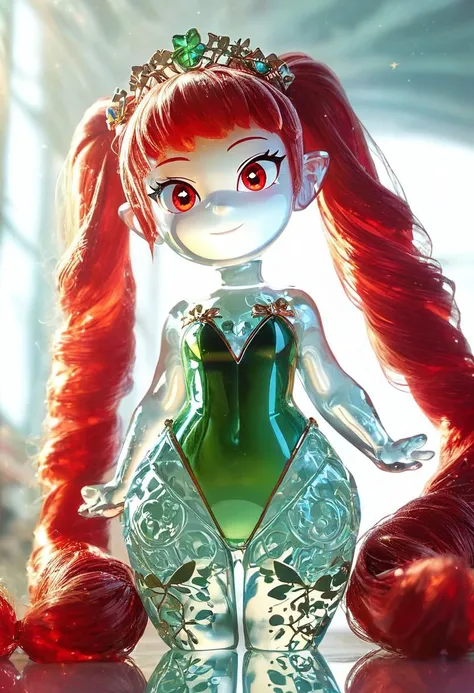 score_9, score_8_up, score_7_up, score_6_up, 1 woman, glass statue, , 20 years model, shortstack, long red hair, twin tails, floral green one-piece swimsuit,  large red eyes, transparent body, glass body,  gold skin, glass girl, glass, blue tiara with rubi...