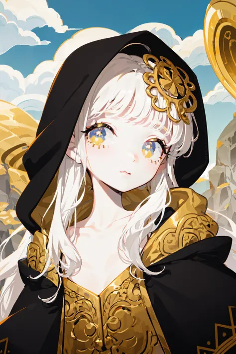 (best quality:1.2), oversized hood, hooded cloak, hood up, (a black cloak decorated with gold, golden ornament:1.2), (white hair), long hair, yellow eyes, black_tank_top, solo, eyelashes, eyeliner, (flat chest:1.2), (lustrous skin, glossy skin), (Gold Embr...