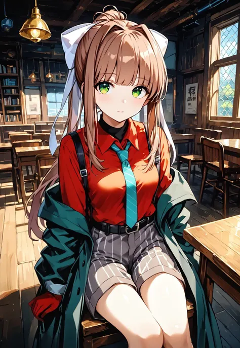 score_9, score_7_up, GEN, source_anime, ddlcmonika, <lora:ddlc-monika-ponyxl-lora-nochekaiser:1> ddlcmonika, blunt bangs, brown hair, green eyes, long hair, sidelocks, 
willpower, WP gloves, WP shirt,long sleeves shirt, WP necktie, WP shorts, WP coat, WP b...