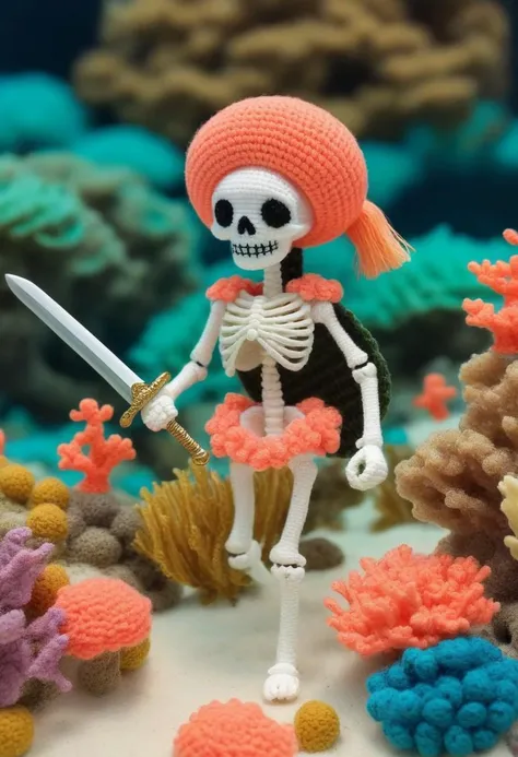 Skeleton with sword and shield, several of women watching him, group of woman cheering, happy, walking in beautiful bottom of the ocean, colorful coral reef, seaweed, Amigurami,