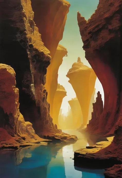 (style of Roger Dean) balance between light and darkness natural phenomena distorted view reflective surfaces crumbling structures dreamlike realm ethereal atmosphere floating islands surreal landscape dynamic interplay of light and shadow mystical ambianc...