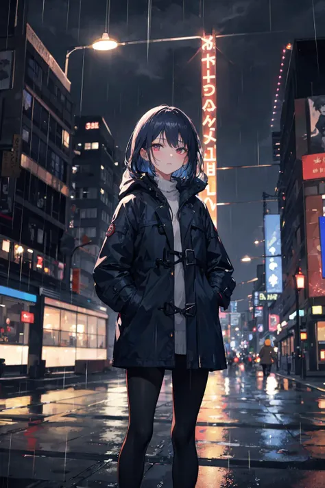 anime girl in raincoat standing in the rain in a city