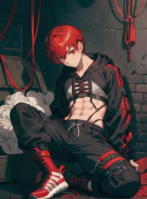 (AS-Young:1.3), <lyco:GoodHands-beta2:1.0>,
(1boy:1.3), (male focus:1.3), solo, solo focus, 
masterpiece, ((exquisite_detail)), illustration, (handsome), extremely_detailed_CG, 
red eyes, red hair, (harness:1.3), 
(oversized black crop hoodie:1.2), (midrif...