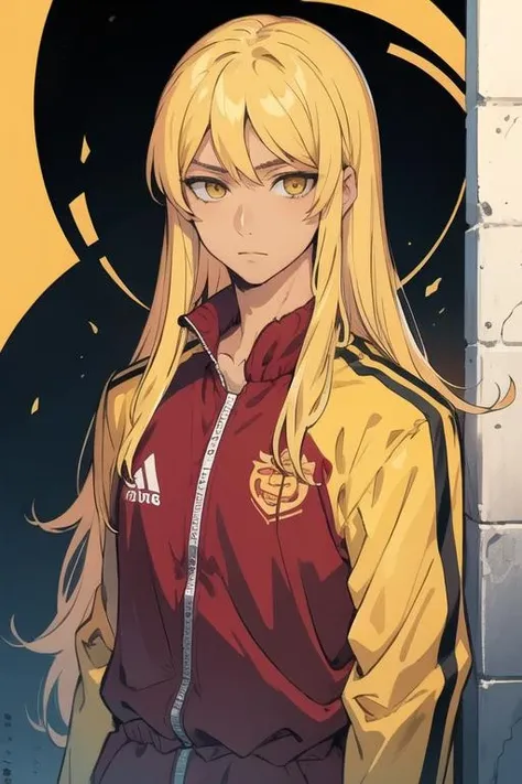 masterpiece, best quality, high quality, 1boy, solo, male focus, looking at viewer, upper body, <lora:hou_kami_no_tou:0.52>, hou_kami_no_tou, blonde hair, long hair, yellow eyes, , , track suit