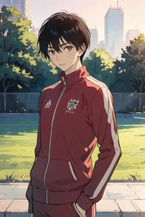 masterpiece, best quality, high quality, 1boy, solo, male focus, looking at viewer, upper body, <lora:shouta_kazehaya:0.78>, shouta_kazehaya, black hair, brown eyes, , track suit