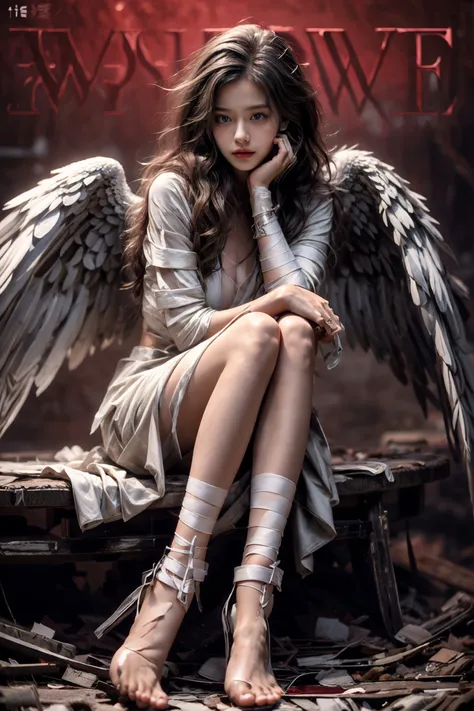 a woman sitting on a bench with wings on her legs