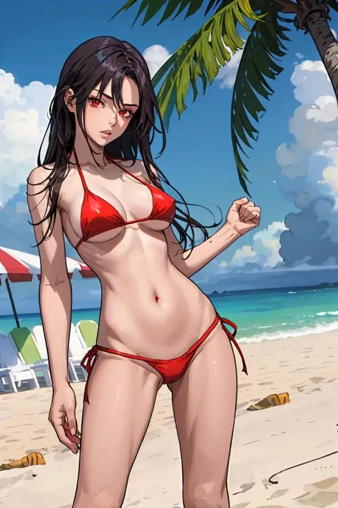 best quality, masterpiece, 1girl, long black hair, red eyes, bikini, on beach, medium breasts, <lora:Thinlegs:1>thin legs, narrow hips, standing, from front, <lora:more_details:0.1>