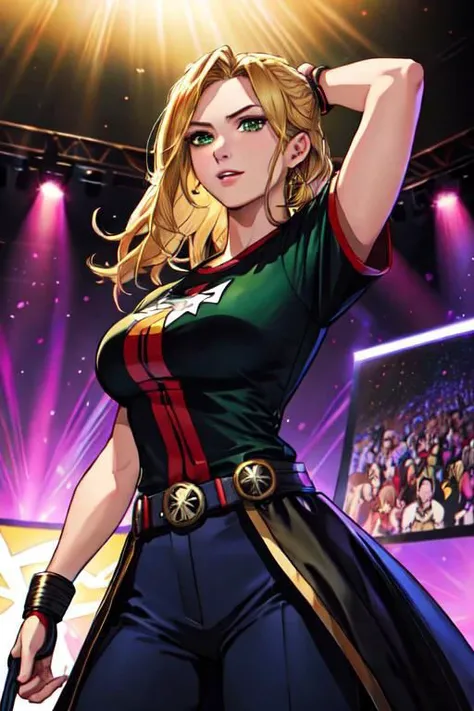 masterpiece, best quality, 1girl, female focus, solo, solo focus, extremely attractive woman, female wearing an x-men t-shirt, upper body, short sleeves, american heritage, blonde hair, green eyes, proud expression, standing inside a nightclub singing, com...