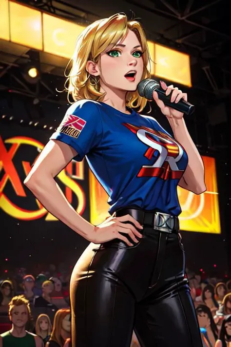 masterpiece, best quality, 1girl, female focus, solo, solo focus, extremely attractive woman, female wearing an x-men t-shirt, upper body, short sleeves, american heritage, blonde hair, green eyes, proud expression, standing inside a nightclub singing, com...