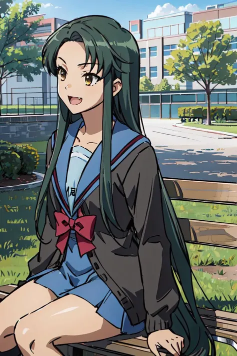 anime girl sitting on a bench in a park with a building in the background