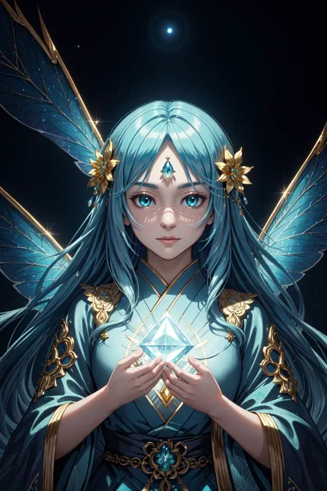 a woman with blue hair and wings holding a crystal ball