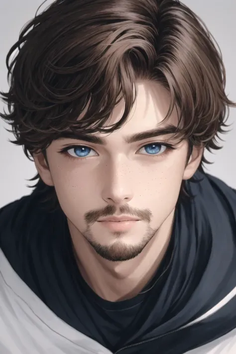 solo, male focus,  1boy, blue eyes, full body, looking at viewer, freckles, stubble, brown hair, facial hair, dynamic angle,