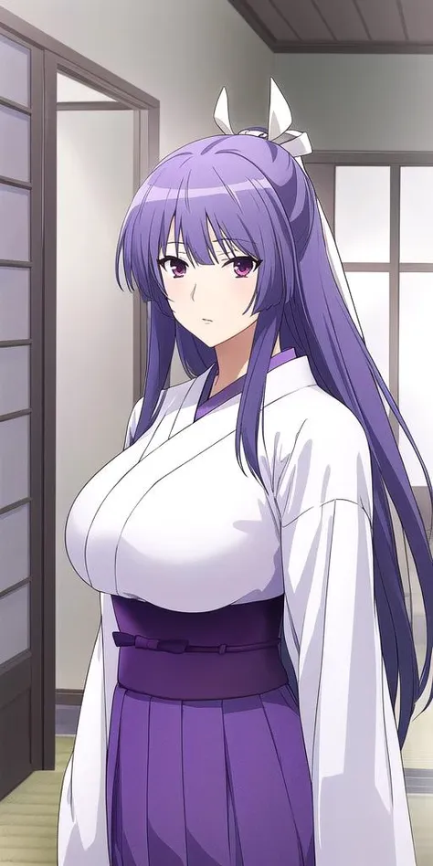 a woman in a white shirt and purple skirt standing in a room