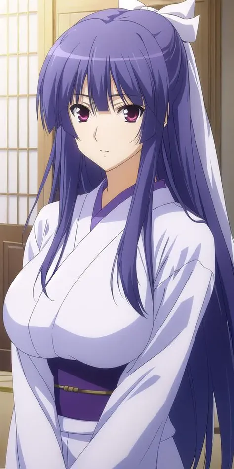 a woman in a white kimono with long purple hair