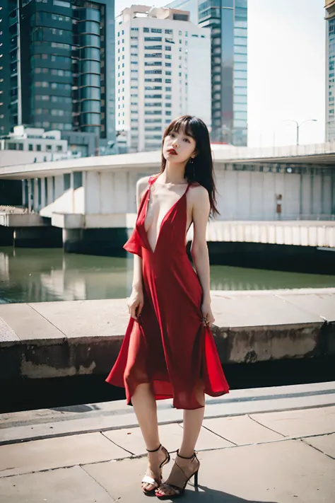 (Cinematic Aesthetic:1.4) Photo of a beautiful korean fashion model bokeh city day, (red deep v dress:1.3),nsfw solo,full body, looking at viewer, standing, outdoors,<lora:deep v dress-000006:0.9>,<lora:InstantPhotoX3:0.3>