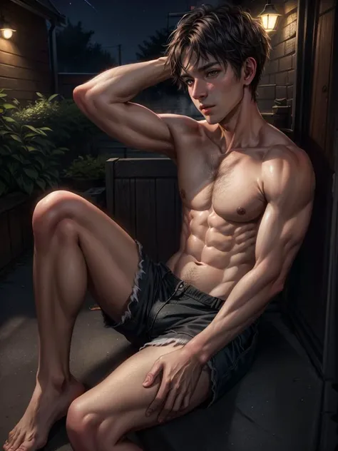 (masterpiece, best quality), RAW photograph, indirect lighting, homoerotic, a shirtless average young man, redneck, raised arm armpit, sitting on concrete steps porch of small farmhouse, hazy, smokey, film, accurate proportionate, bare chest leg thigh knee...