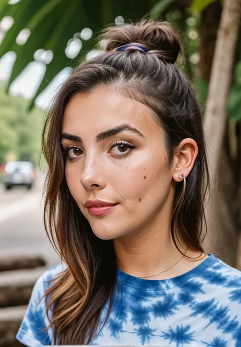 RAW close up portrait photo of andreabotez-ti, natural lighting, 8k uhd, dslr, high quality, film grain, Fujifilm XT3, by Ansel Adams, Tie-dye t-shirt and biker shorts, casual clothing, well dressed