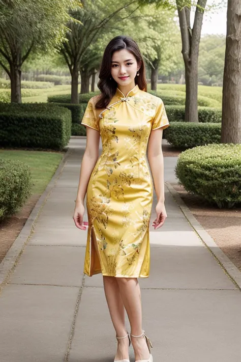 a woman in a yellow dress is walking down a sidewalk