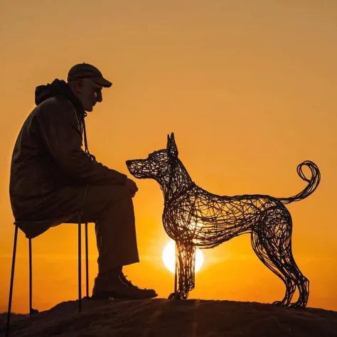 A wire sculpture of a man and his loyal dog