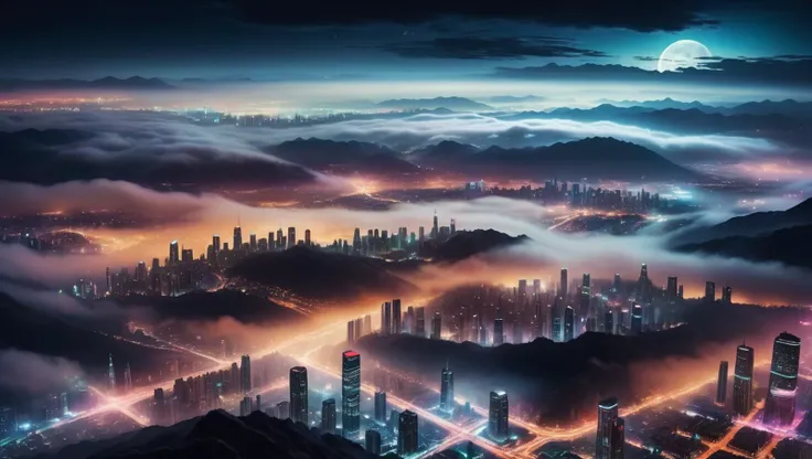 a high altitude aerial photo from space of a huge city, (dark night:1.1), clouds, foggy valleys lit up from below, a sci-fi cyberpunk city with neon lights below the fog, lots of (tall skyscrapers:1.2), <lora:SDXL Detail:0.8>,