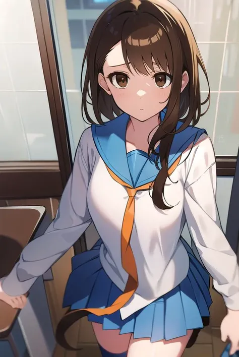 kosakionodera, <lyco:kosakionodera-LYCORIStest:1>,
kosaki onodera, asymmetrical hair, brown hair, hair between eyes, (brown eyes:1.7),
BREAK blouse, blue sailor collar, blue skirt, bonyari high school uniform, bow, brown footwear, collared shirt, kneehighs...