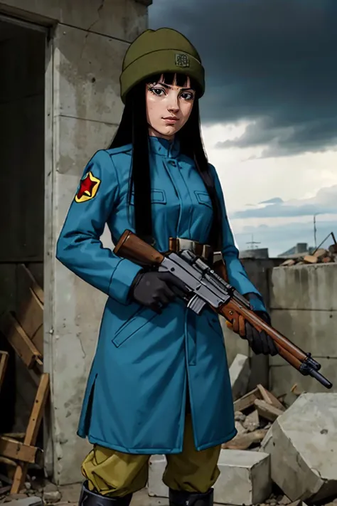 mai,beanie, long black hair, black eyes, coat, military uniform, black gloves, looking at viewer,serious, smirk, leaning, on wall, holding a rifle, sniper rifle, outside, city, rubble, apocalypse, cloudy sky, high quality, masterpiece,  <lora:mai:.6>