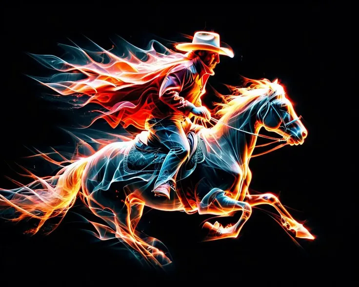 (horse with cowboy riding,horse is running),western theme,cowboy hat,long coat western duster style flapping in the wind,crisp focus,highly detailed face,magnificent,ethereal,simple black background(transparent:1.5),<lora:Ghostly_Style_SDXL:1.2>,ais-ghostl...