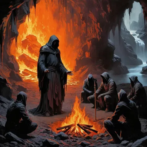 Dark Fantasy Art of  <lora:Dark Art Painting Style:1>
a painting of a man standing over a fire with group of people in dark cave dark art painting style, dark, moody, dark fantasy style