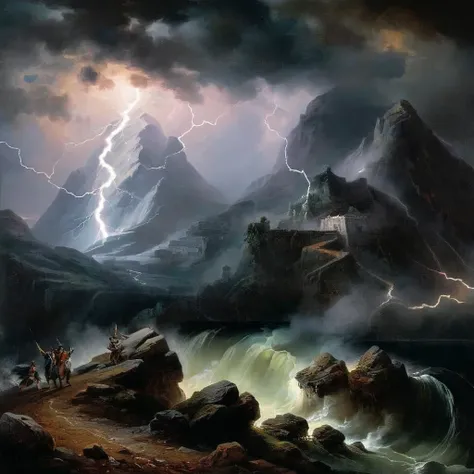 Dark Fantasy Art of  <lora:Dark Art Painting Style:1>
a painting of a mountain with a lightning dark art painting style, dark, moody, dark fantasy style