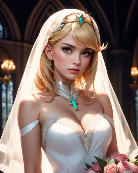 cinematic film still 1girl, solo, photogenic adult mature woman, age 30, high quality, best quality, highres, high detail, standing, <lora:Char_xbc2-Mythra:0.9> mythradef, tiara, blonde hair, chest jewel, blushing bride in ((exotic rich sumptuous wedding b...