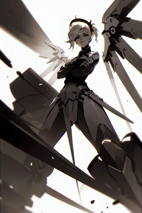 <lora:Char_overwatch_Mercy():.75> mercy, (from below, foreshortening:1.2), crossed arms, standing, low angle, dark, high contrast, looking down on viewer