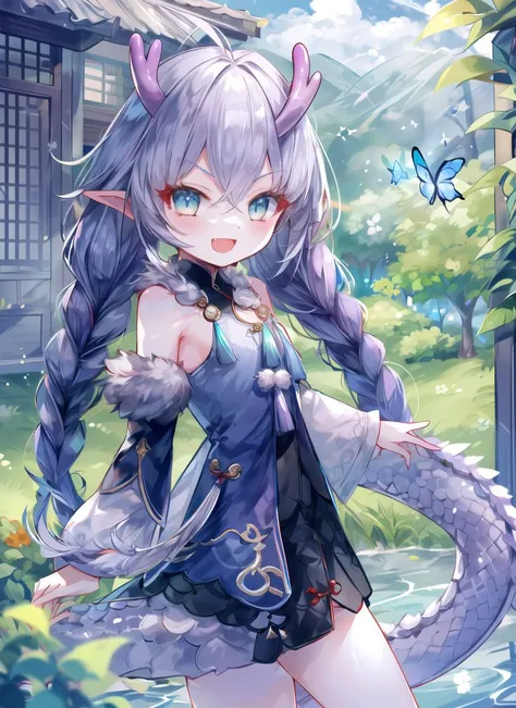 (small girl:1.1), solo, smile, :d, smug,
smile, from side,
bailu,twin braids, (dragon tail:1.0), detached sleeves fur trim chinese clothes yellow tassel, dragon horns,
outdoor, rural style, <lora:bailuHonkaiStarRail0:1> <lora:add_detail:0.2>
butterflies, b...