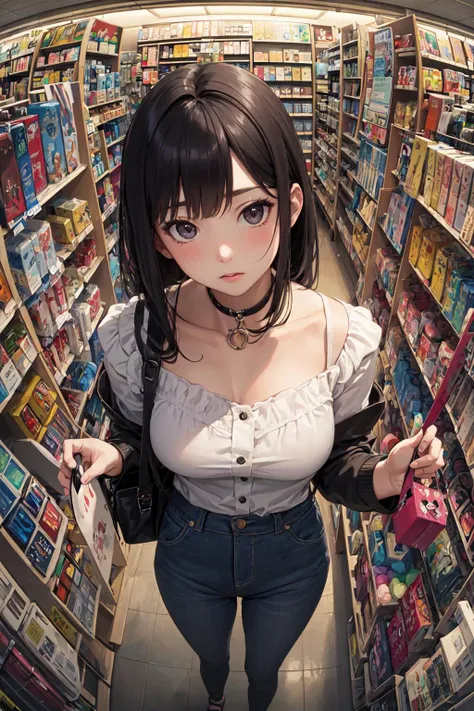 (masterpiece, top quality, best quality, official art, beautiful and aesthetic:1.2), (1girl:1.3), extreme detailed,colorful,highest detailed, from above, solo, 1girl standing in a store with lots of stuffed animals on the shelves and a bag of stuff, depth ...