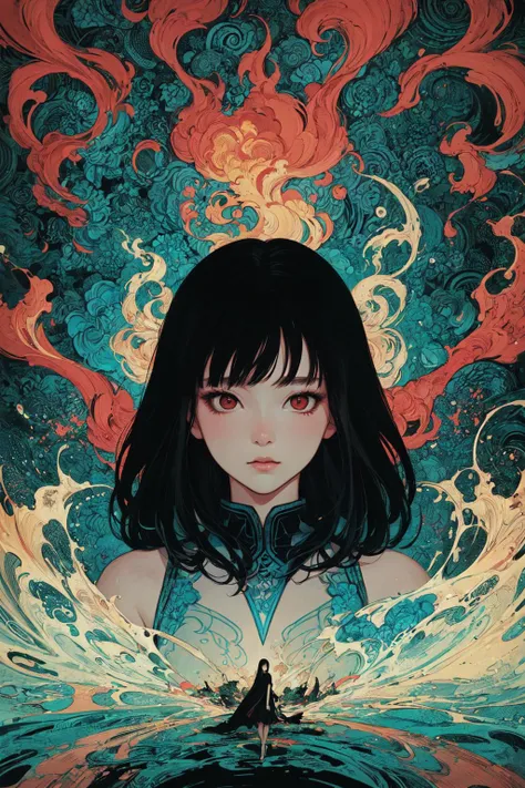 masterpiece, best quality, ultra high res, beautiful, elegant, graceful, award-winning art, 1girl, (style of Yuko Shimizu:1.4), (abstract art:1.2), style of rebecca guay, black hair, red eyes, fire, cloaked in flames, dark theme, visually stunning, gorgeou...