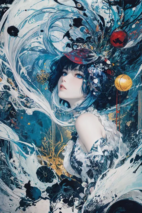 (abstract art:1.4), (style of yuko shimizu:1.2), (style of rebecca guay:0.6), (moonlight, soft light, soft glow:0.8), 1girl, white hair, flying hair, blue eyes, perfect skin, perfect face, (jewelry:1.1), gothic dress, hair ornament, night, dark theme, somb...