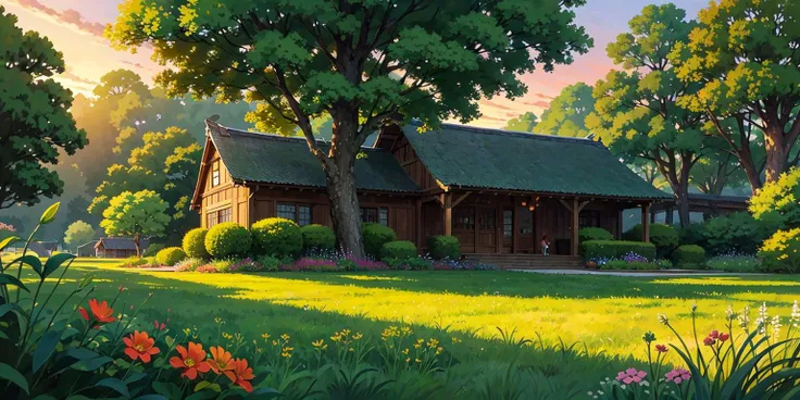 masterpiece,best quality,landscape,ghibli Style,big house,trees,grass,shadow, light,sunset,
<lora:ghibliStyleConcept_v40:0.6>