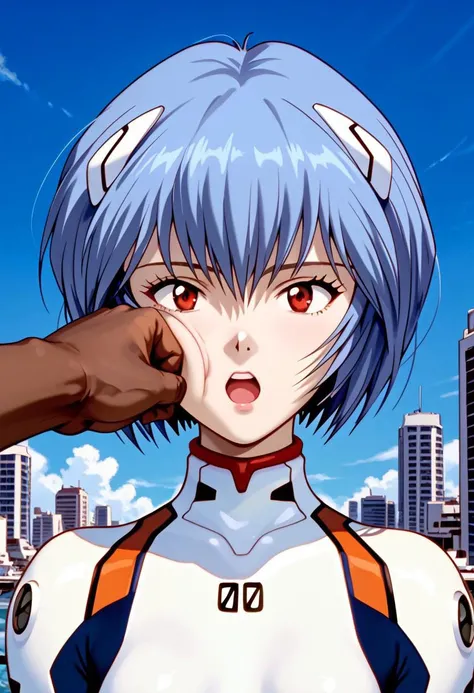 score_9, score_8_up, score_7_up, 1girl, reiayanami, <lora:rei-ayanami-classic-ponyxl-lora-nochekaiser:1>, rei ayanami, ayanami rei, blue hair, short hair, red eyes, bodysuit, headgear, plugsuit, white bodysuit,outdoors, cityscape, face punch, dark skinned ...