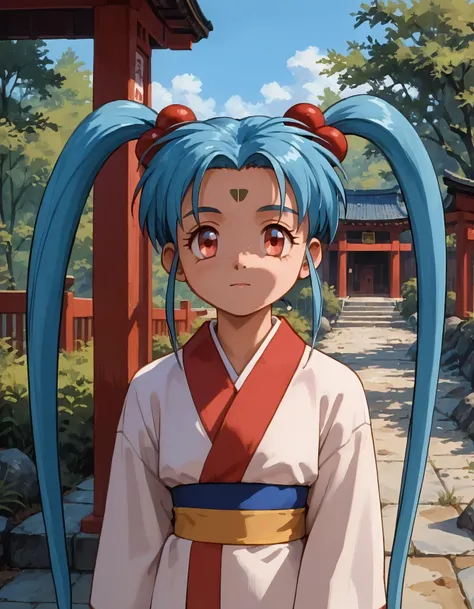 score_9, score_8_up, score_7_up, score_6_up, score_5_up, score_4_up, rating_safe, 1girl, sasami, blue hair, long pigtails, white skin, closeup, serene, top view, standing in a Shinto shrine