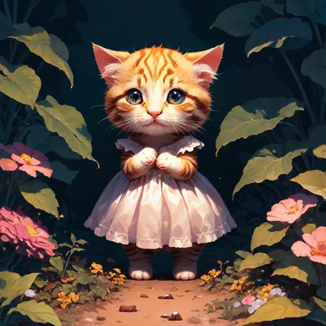 masterpiece, best quality, 8K, colorful, photorealistic, HDR, high detail, wallpaper, kitten wearing a dress,  in the garden, cut13cl0th3stech, <lora:cutieclothesV5:1>,  <lora:GPTS7 comic_443703:1>