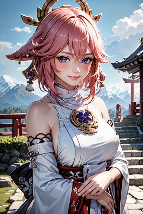 ((best quality)),((masterpiece)),(detailed),(realistic),(8k), (4k), <lora:yaemiko1-000008:1>, yaemikodef, upper body, smile, blush, outdoors, day, simple background, blue sky, short hair, sky, temple, looking at viewer, stairs, mountain, moody lighting, fa...