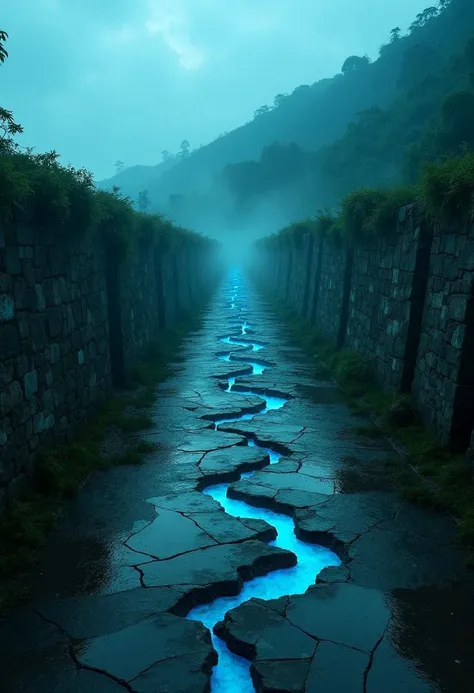 an aerial scene featuring a long path between ancient stone walls amidst a subtropical mountainous landscape, cracks emitting glowing cerulean light run along the sides of the walls, reflections can be seen in the puddles of water dotted along the path, th...