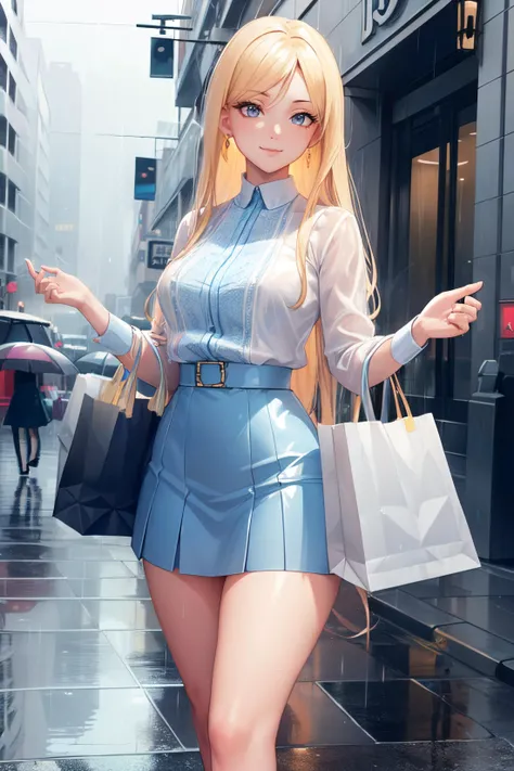 (((Masterpiece))),(((best quality))),(highly detailed CG illustration),((a extremely delicate and beautiful)),young,full body,short skirt, long blonde hair, modern clothing, ((streetwear)),Perfect Eyes,(((standing in rain))), ((in the city)),(((holding sho...