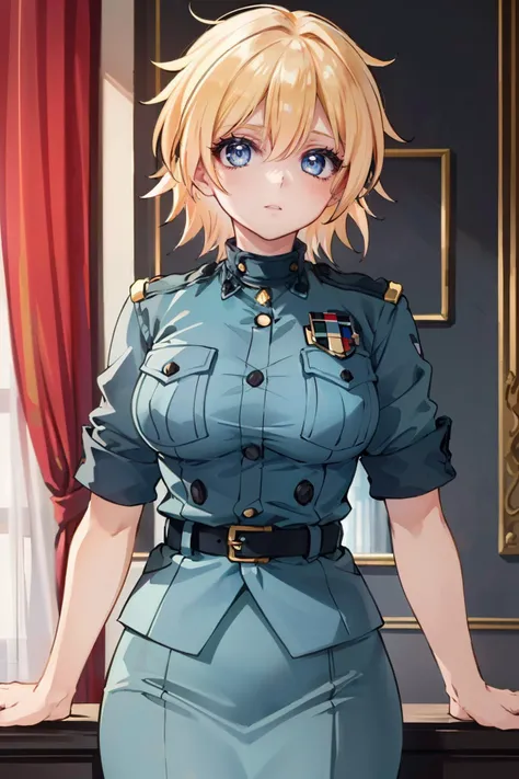 ((ultra detailed, masterpiece, best quality))
 <lora:HVictoria:0.9>
HVictoria, 1girl, solo, blonde hair, blue eyes, military uniform, skirt