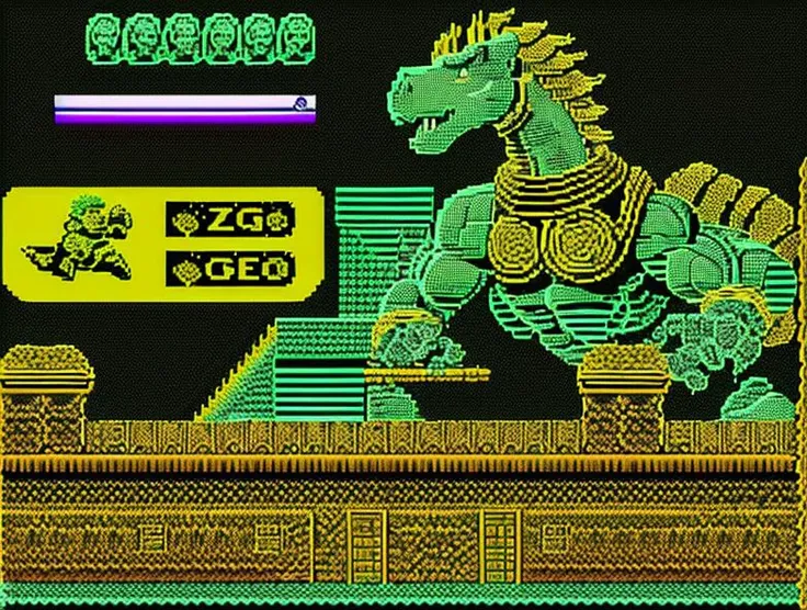 SPECTRUMSTYLE, a game about a giant dinosaur, 4 colours, vibrant colours, zxspectrum