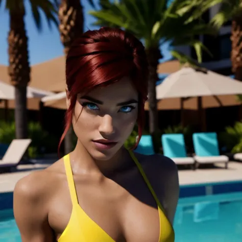 covergirl, supermodel, body-worship, RAW photo of aquagirl, (looking at viewer), wearing a yellow crop top with blue trim, side bangs, aquamarine eyes, athletic body, hyperdetailed, (hyperrealistic:1.2), (detailed skin:1.3), (detailed eyes:1.2), sharp focu...