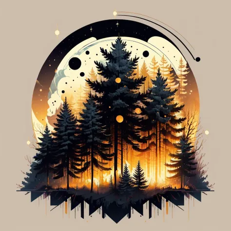 (Gold color palette theme), Temperate Coniferous Forest, Pine and fir trees, focus on branches under the starlit night <lora:Tshirt_design:1>