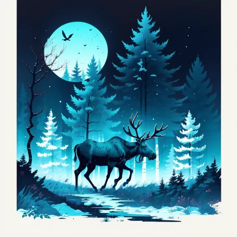 (Teal color palette theme), Birch Forest, Silver-barked trees with fluttering leaves, a moose quietly foraging at twilight <lora:Tshirt_design:0.8>