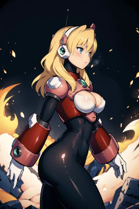 masterpiece, best quality, highres, from side, 1girl, alia_megamanx, blue eyes, blonde hair, android, long hair, robot ears, white gloves, black bodysuit, large breasts, thighs, looking away, blush, parted lips, fire, ruins, debris, fire particles, darknes...