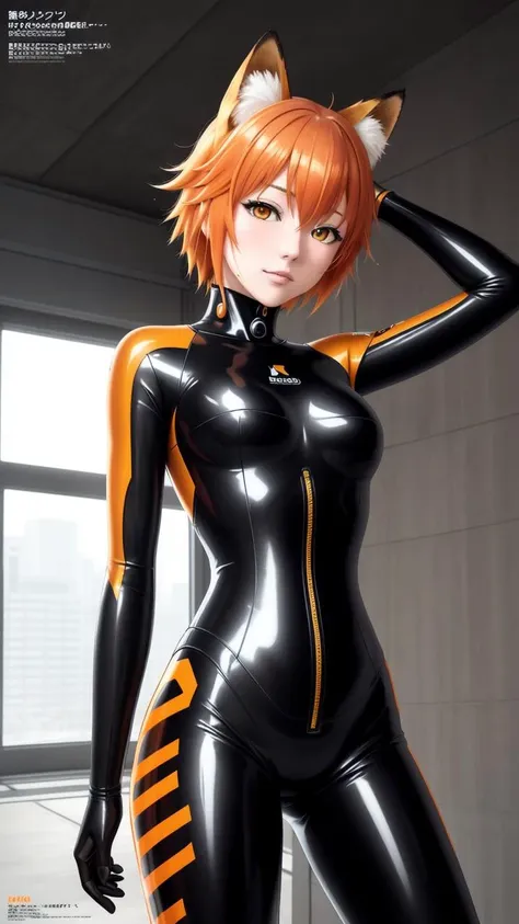 masterpiece, japanese magazine cover, title, text, news, fox girl with orange hair and yellow eyes wearing a stylish catsuit outfit, {{{masterpiece}}}, fox ears, crysis nanosuit, cybernetic catsuit, black cybernetic transparent catsuit, sweat under the lat...