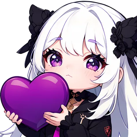 1girl,chibi, close up, white hair, purple eyes,holding big red heart, white background, <lyco:Emotes-remaster-v1:1.0>